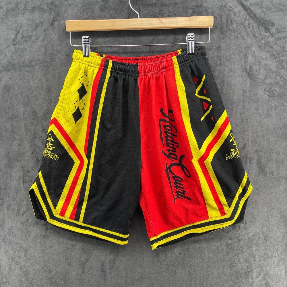Rare Everybody Eats Athletix Basketball Shorts Red Black Yellow Mesh Mens Small